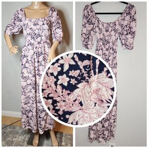 Something Navy Smocked puff Sleeve Navy Pink floral maxi dress size xxs.
